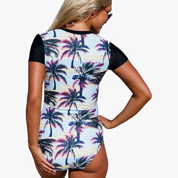 Tropical Palm Tree Prints One Piece Swimsuit Zipper Front Swimwear Small - Picture 2 of 15